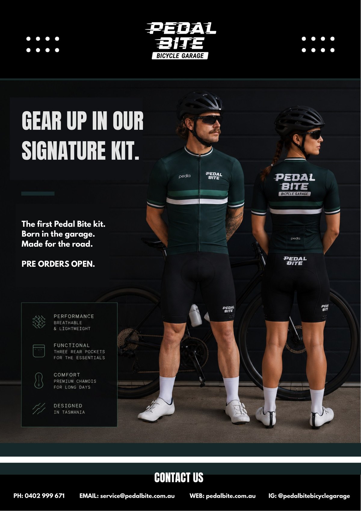 Two riders in the Pedal Bite signature kit, a dark green jersey with a white and green chest stripe, and black bib shorts.
